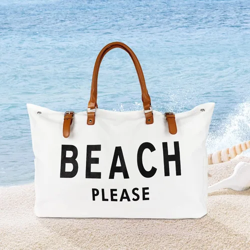 Miniatura 5 de Bolsa de playa con mango de cuero vegano, extra grande, para mujer, impermeable, a prueba de arena, color blanco