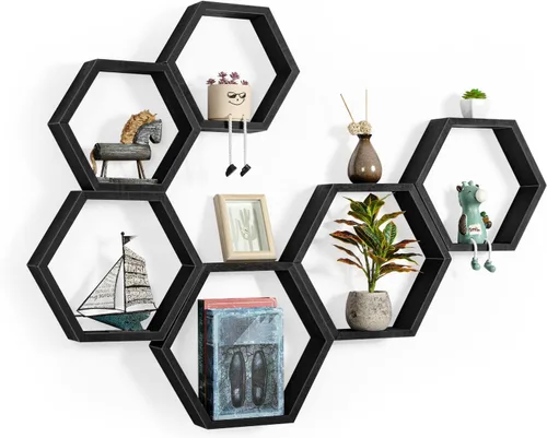 Miniatura 8 de YBING Estantes flotantes hexagonales montados en la pared de madera de granja de almacenamiento de nido de abeja, juego de 6 estantes hexagonales