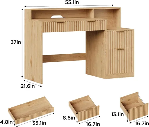 Miniatura 2 de Vabches Fluted Computer Desk with Power Outlets, Home Office Desk with Drawers, Printer Stand, Wood Computer Desk with Long Monitor Stand, Oak