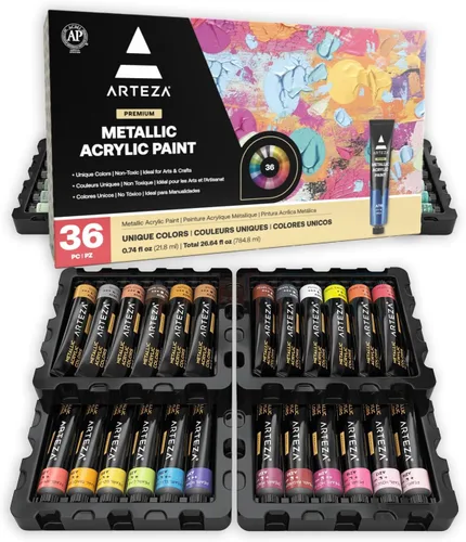ARTEZA Juego de pintura acrílica metálica de 36 colores, tubos de 0.74 onzas, pinturas de artistas no tóxicas para pintores aficionados, suministros