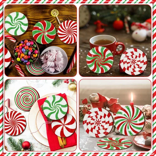 Miniatura 5 de Perthlin 8 Pcs Christmas Diamond Art Coasters Christmas Tree Candy Gnome Painting Coasters with Holder Painting Kit Green White Diamond Kits(Candy)
