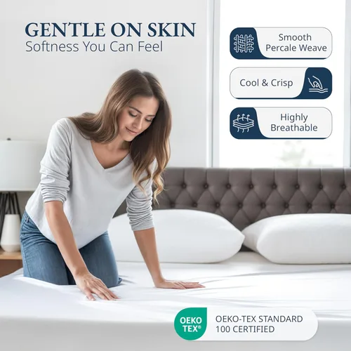 Miniatura 3 de LANE LINEN - Sábana bajera individual XL 100% algodón orgánico y 1 funda de almohada, tejido de percal ligero, suave y transpirable, para colchones