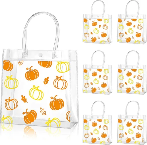 Aliceset 12 bolsas de regalo transparentes de otoño con asa, bolsa de regalo de calabaza naranja para otoño, vacaciones, Halloween, Acción de