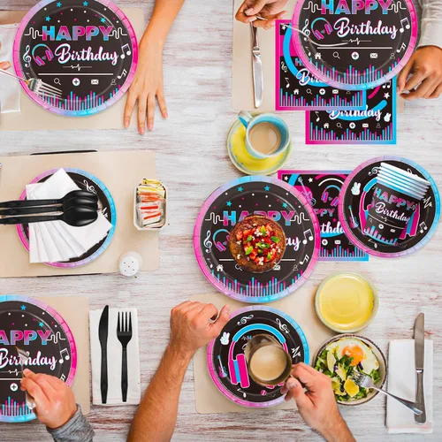 Miniatura 5 de Juego de vajilla de 168 piezas de suministros para fiestas musicales, platos de papel desechables, servilletas, tazas, cubiertos para decoración