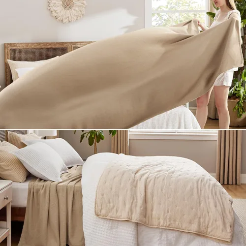 Miniatura 4 de Bedsure - Manta 100% algodón tamaño king para cama, transpirable y ligera, suave y acogedora, con textura de espiga para verano, color tostado, 180