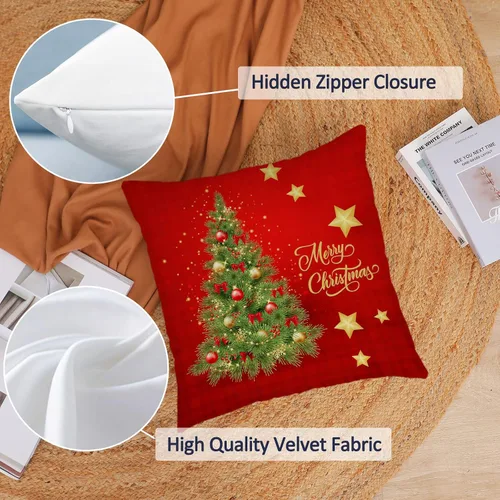 Miniatura 2 de Fundas de Almohada Feliz Navidad 12x12 Juego de 4 Fundas de Almohada de Terciopelo de Navidad Rosa Navidad Invierno Vacaciones Fundas de Almohada