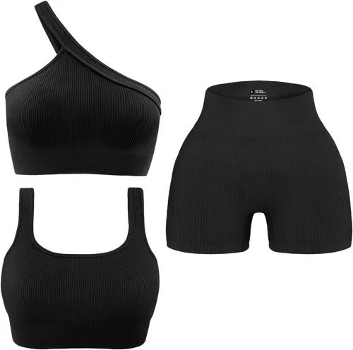 OLCHEE Conjuntos de entrenamiento de 3 piezas para mujer, sin costuras, acanalados, para yoga, brasier deportivo, un hombro, pantalones cortos de