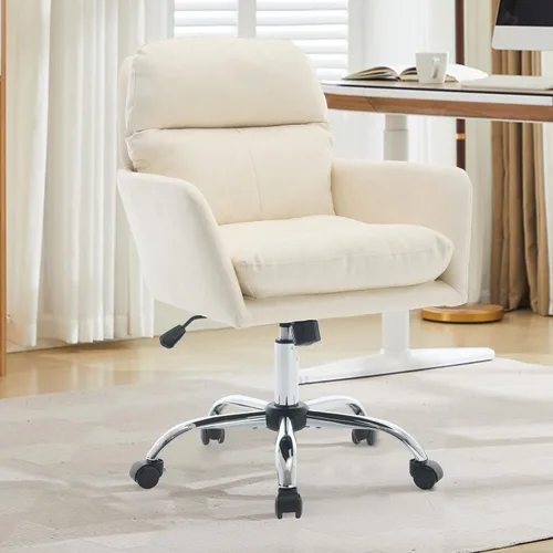 Miniatura 12 de Beige Small Office Chair, Chenille Cute Swivel Vanity Makeup Desk Chair with Wheels for Teens Women Girls, Comfy Adjustable Computer Chairs for