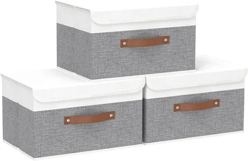 Miniatura 46 de Yawinhe SNK024BEN-1 Cajas de almacenamiento plegables, cestas apilables de tela de lino, contenedor con tapa y asa de cuero, lavable, para el hogar
