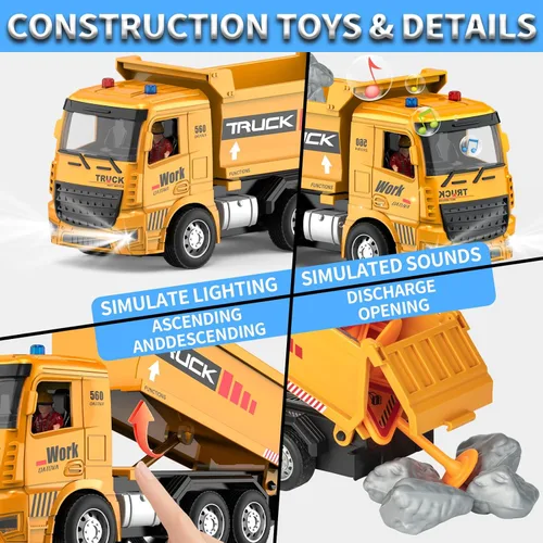 Miniatura 5 de MQDMINI Juego de juguetes de excavadora y camión volquete con control remoto, vehículos de construcción RC con barricadas, señales de tráfico, rocas