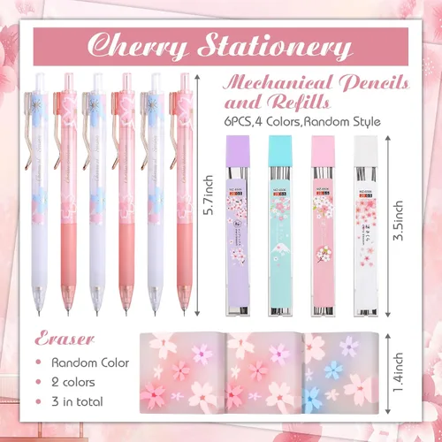 Miniatura 2 de Crtiin Juego de 74 piezas de papelería Kawaii con diseño de flor de cerezo, bolsa de lápices japonesa Kawaii, lápiz mecánico, borradores de cereza