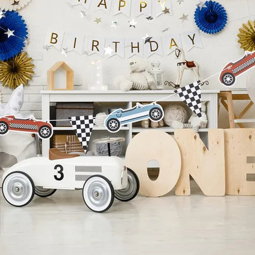 Miniatura 4 de Cartel de cumpleaños con temática de auto de carreras retro, decoración de fiesta de coche de carreras, decoración rápida de una fiesta para niños
