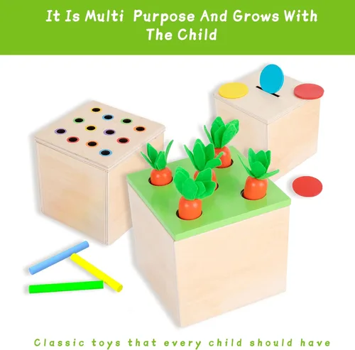 Miniatura 2 de Kit de juego de madera Montessori 4 en 1 para niños de más de 1 año, juegos de cosecha de zanahorias, caja de monedas para bebés, juguetes