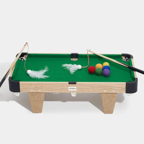 Miniatura 9 de VETRESKA Mesa de billar mini 4 en 1 para juguetes de gatos, regalo para gatos, juguete de varita con plumas, juguete de rompecabezas de bola