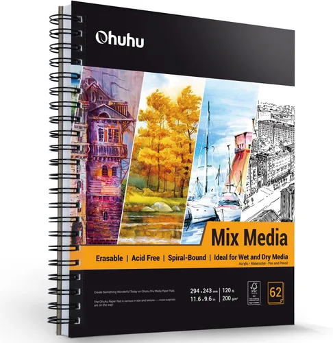 Ohuhu Mix Media Pad, cuaderno de bocetos de arte mixto de 8.8 x 11.6 pulgadas, papel pesado de 120 lb/200 GSM, 62 hojas/124 páginas, cuaderno de