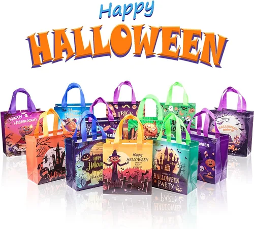 Miniatura 5 de 12 bolsas de Halloween para dulce o truco, bolsas de mano con asas para niños, bolsas de regalo reutilizables no tejidas de Halloween para envolver