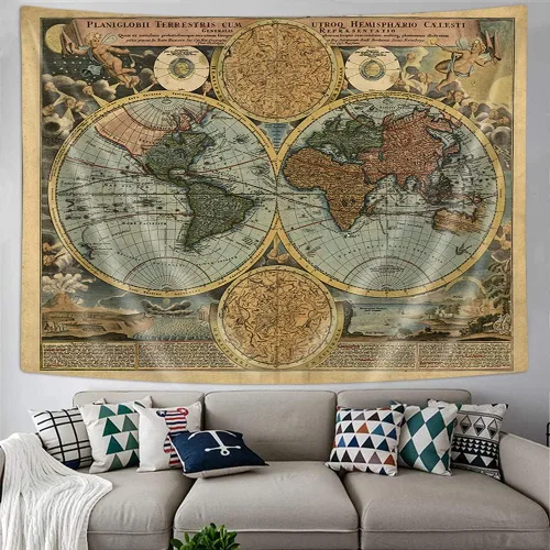 Miniatura 2 de Tapiz vintage de mapa del mundo, antiguo mapa náutico antiguo del mundo, arte de pared, geografía histórica del Atlas, tapiz retro pirata