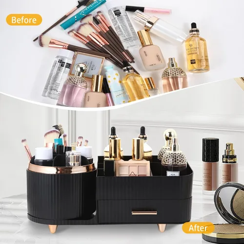 Miniatura 4 de Organizador de maquillaje para encimera con cajón, rotación de 360 grados, soporte para brochas, almacenamiento de gran capacidad, vitrinas