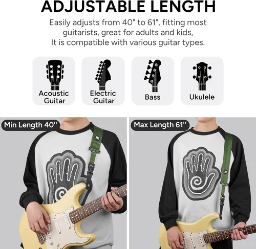 Miniatura 8 de Amumu Correa de nailon SNAPLOCK para guitarra con hebilla de clip para acústico, eléctrico, bajo con bloques de correa y corbata de cabeza, Verde