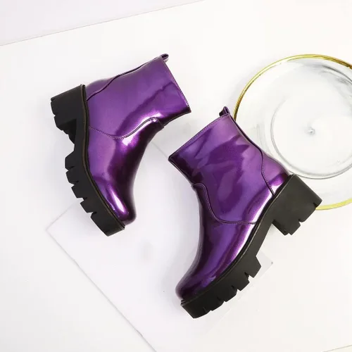 Miniatura 4 de KUUTGG Botines elegantes de moda para mujer, de charol con punta redonda, con cremallera, tacón medio grueso