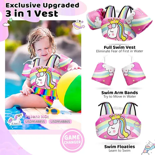 Miniatura 2 de Vvinca Chaleco de natación separable para niños pequeños de 22 a 66 libras (1 a 6 años) Flotador de piscina 3 en 1 y bandas de brazo para niños