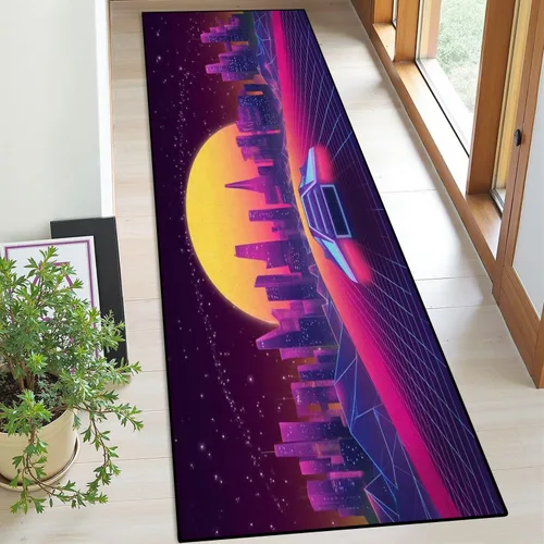 Alfombra de corredor lavable de 2 x 6 pulgadas, diseño de arcade, diseño de barco espacial a la puesta de sol, retro, de los años 80, de ciencia