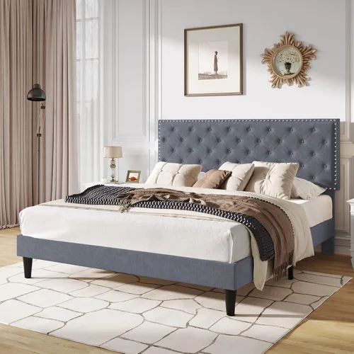 Miniatura 3 de SHA CERLIN Marco de cama de terciopelo tamaño King con cabecera ajustable, acolchado con botones de diamante y decoración de remaches, no necesita