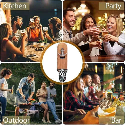 Miniatura 6 de Abrebotellas de cerveza montado en la pared con atrapador de tapas magnético, abrebotellas magnético de madera para refrigerador, regalos de cerveza