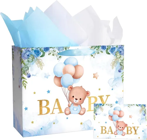 Plauthus Bolsas de regalo grandes para bebé de 13 pulgadas con papel de seda y tarjeta de felicitación (oso de balón y floral), bolsas de regalo de