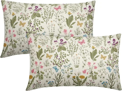 Miniatura 24 de Juego de 2 fundas de almohada de primavera de 16 x 16 pulgadas, diseño de conejo, flores rosas, hojas verdes salvia, plantas botánicas vintage
