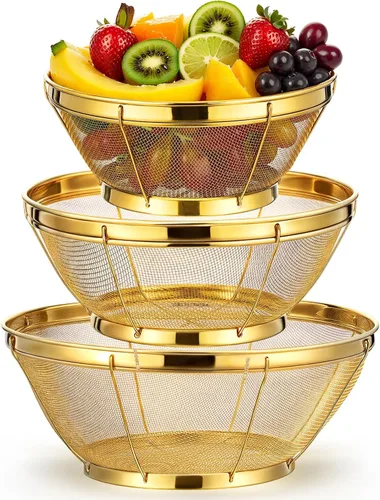 Miniatura 8 de Baderke Colador de metal dorado de acero inoxidable con asa, colador dorado para cocina, drenaje, pasta, enjuague, verduras, arroz, alimentos, 3