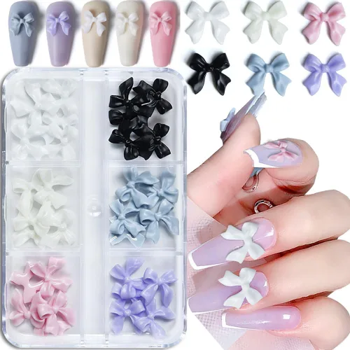 Abalorios de uñas de lazo 3D, 6 colores acrílicos 3D coloridos con lazo de diamantes de imitación rosa, blanco, negro, azul, resina, arco de uñas,