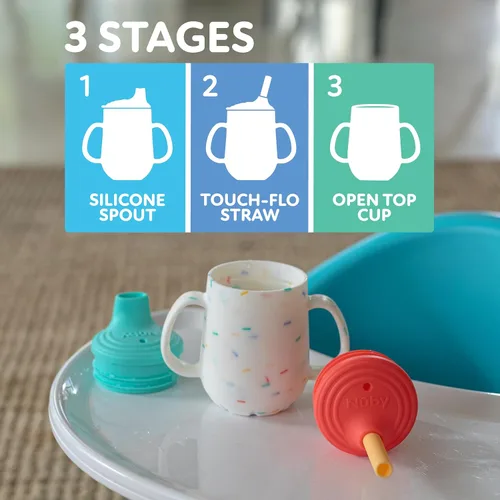 Miniatura 5 de Nuby Juego de vasos de entrenamiento de 3 etapas, vaso de silicona con boquilla y popote combinado, 4 onzas, más de 6 meses, niñas Azul