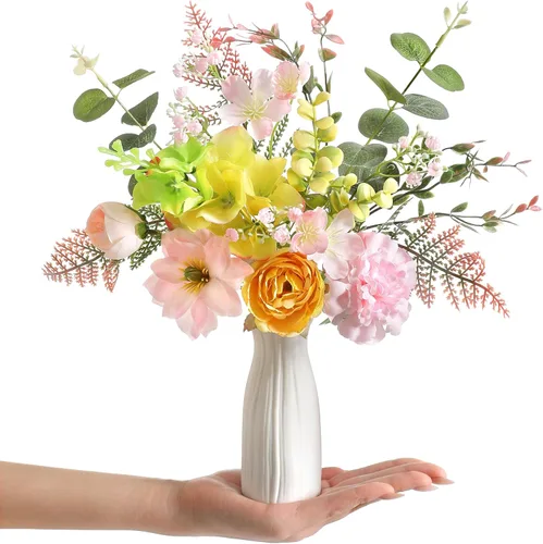 Miniatura 8 de Flores artificiales pequeñas de 11.8 pulgadas en jarrón de cerámica, centro de mesa de flores de seda púrpura para mesa de comedor, oficina, boda