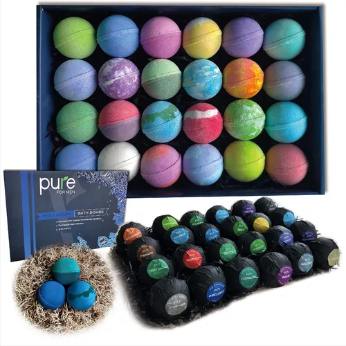 Set de regalo de bombas de baño para hombres. 24 bombas de baño terapéuticas de karité para hombres. Grandes pulverizadores de spa con aceites