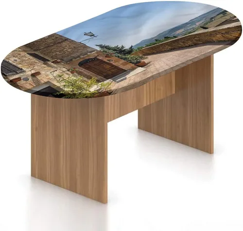 Mantel ovalado ajustable italiano de poliéster elástico, mantel ajustable con estampado de paredes de Pienza en la Toscana, se adapta a mesas