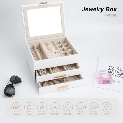 Miniatura 14 de Elegant Gift Jewelry Box with Mirror - 3-Layer Organizer for Earrings, Rings, Necklaces, Ready to Give for Birthday Anniversary Christmas Apricot