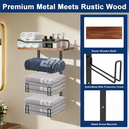Miniatura 4 de NearMoon Toallero con estante de madera, soporte organizador de toallas de metal inoxidable para almacenamiento de baño, montado en la pared