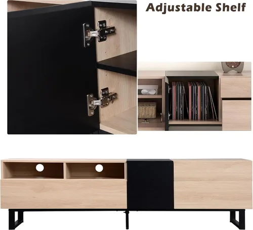 Miniatura 5 de Virubi Soporte de TV moderno con 3 gabinetes y estantes abiertos, centro de entretenimiento minimalista de madera para televisores de hasta 80