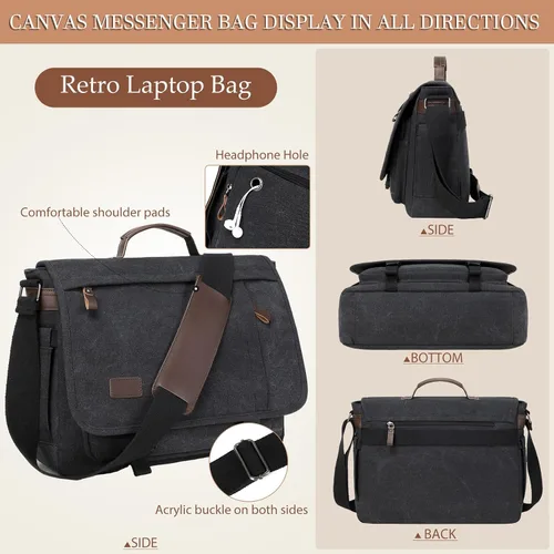Miniatura 5 de Bolso de Mensajero de 17.3 Pulgadas para Hombre: 2 Piezas Bolso para Laptop de Cuero PU y Tela de Lona Maletín de Trabajo Grande para Oficina