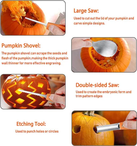 Miniatura 5 de Kit profesional de tallado de calabaza, 11 piezas de herramientas de tallado de acero inoxidable resistentes para Halloween con estuche de Naranja