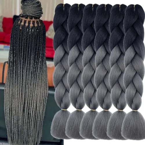 Miniatura 54 de 3 paquetes de extensiones de cabello sintético para trenzar de color negro a azul, tamaño jumbo ombré, de 24 pulgadas o trenzas de ganchillo