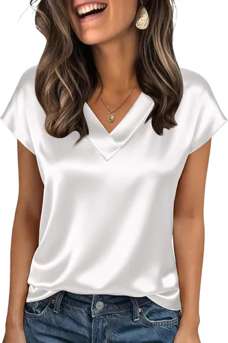Miniatura 23 de Zeagoo - Camisetas de mujer de satén de seda, tops de manga corta con cuello en V, blusas para negocios y conjuntos casuales, talla S-2XL