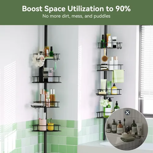 Miniatura 5 de Organizador de ducha esquinero con poste de tensión, organizador de ducha de baño ajustable de 4 niveles con soporte para jabón, estantes de ducha