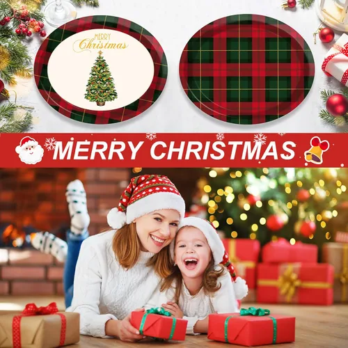 Miniatura 3 de 50 platos de papel ovalados de guinga rojo y verde de Navidad grandes de 11 pulgadas, desechables, decoraciones de fiesta temática de Navidad
