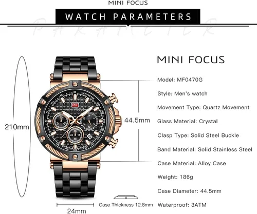 Miniatura 6 de MF MINI FOCUS Relojes de negocios para hombre (cronógrafo/resistente al agua/luminiscente/calendario/24 horas) Relojes de cara grande con banda