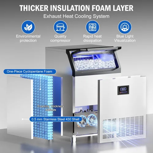 Miniatura 6 de Máquina comercial para hacer hielo de 350 libras/24 horas, 136 bandejas de hielo independiente y debajo del mostrador, máquina de hielo de acero