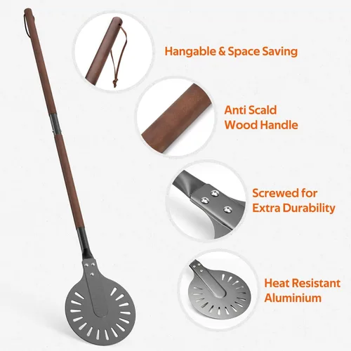 Miniatura 3 de Pala giratoria de pizza de aluminio perforado de 8 pulgadas con mango de madera, espátula de pizza de longitud ajustable 2 en 1, 48 pulgadas