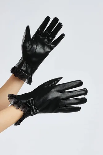Miniatura 44 de Sahabowi Guantes de cuero para clima frío Manopla de lana cálida de invierno para mujeres