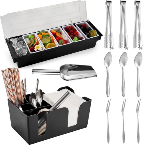 Miniatura 10 de Tessco for you Bandeja de Guarnición con Tapa Organizador de Bar Contenedor de Condimentos Refrigerado con Hielo con Cuchara para Hielo Pinzas